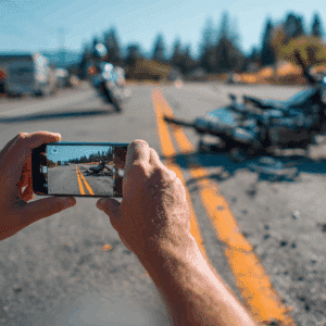 man taking photos of a motorcycle accident for evidence