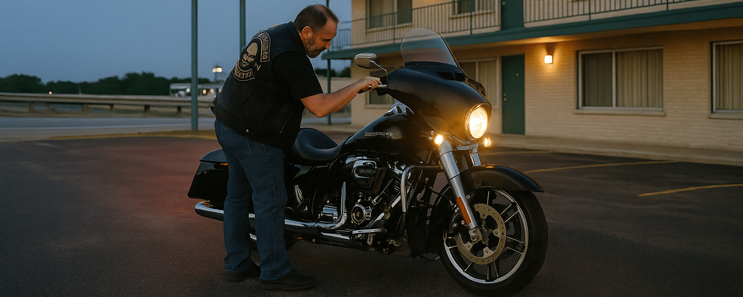 A rider checking his bike before beginning his long motorcycle ride