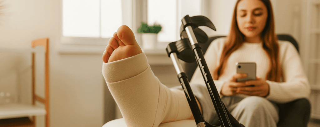 A woman with an injured leg.