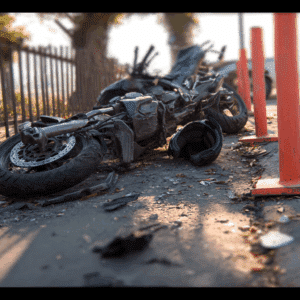 broken motorcycle after an accident, on the pavement