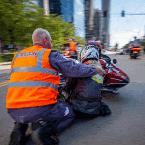 paramedic helping an injured motorcyclist after an accident in Chicago