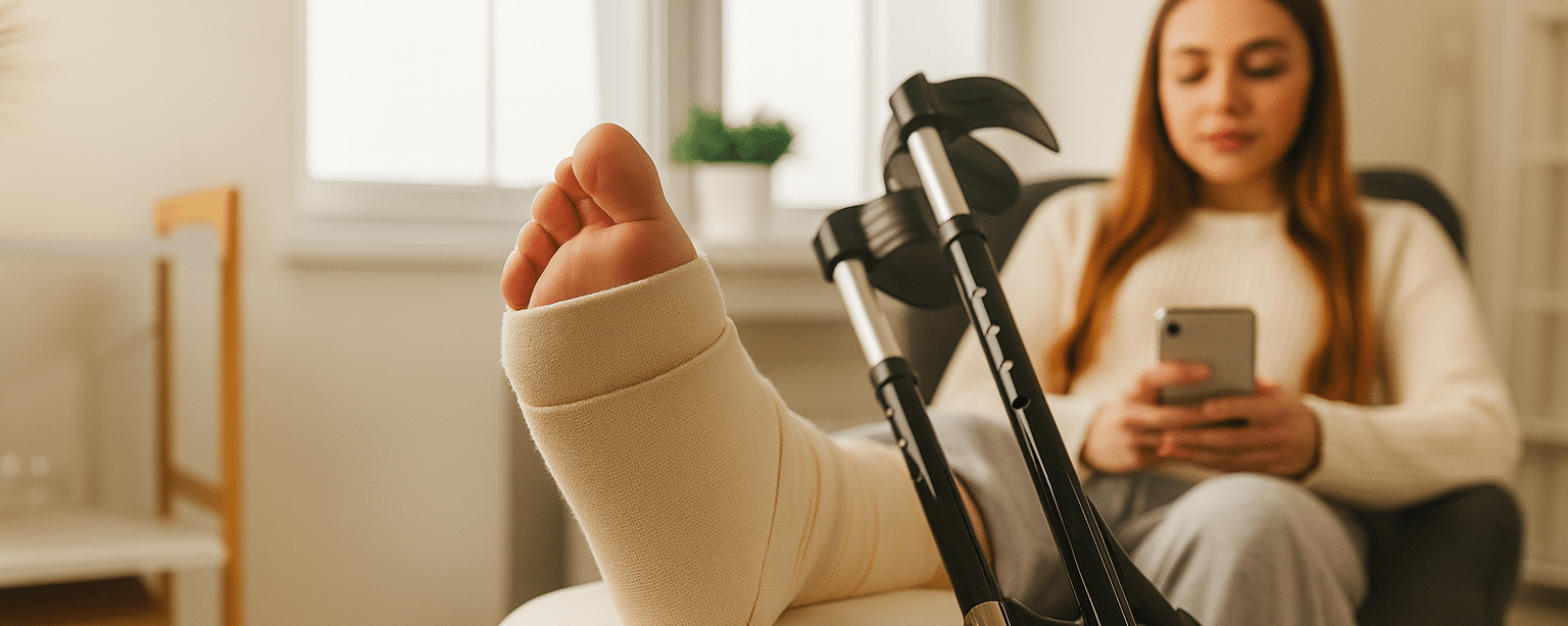 a motorcycle accident victim with broken leg in a cast