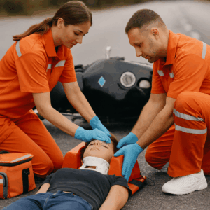 Rescue team trying to help the rider at the motorcycle accident scene