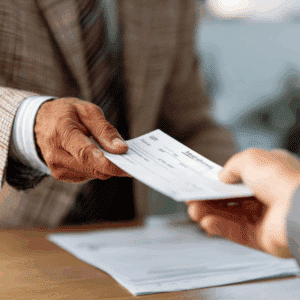 insurance officer handing over a settlement check