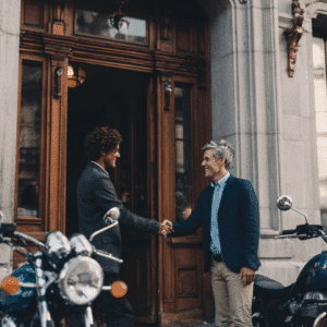 A motorcycle safety lawyer with a client