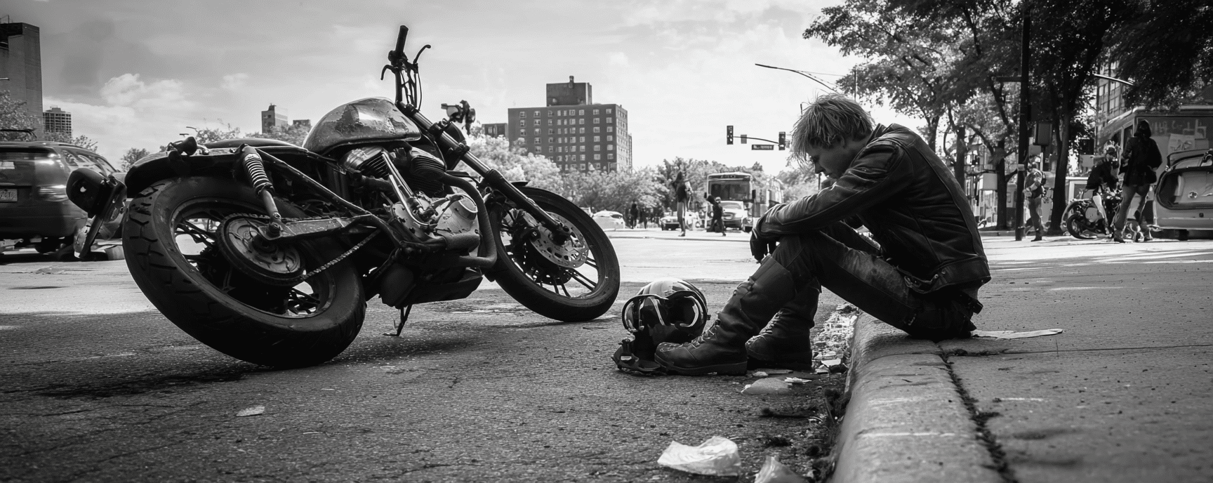motorcycle rider sitting across his fallen motorcycle after an accident in Chicago